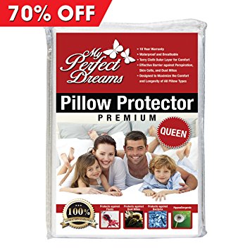 Premium Quality Pillow Protector 100% Waterproof Breathable ZIPPERED Hypoallergenic Dust Mite and Bed Bug Protection by My Perfect Dreams - QUEEN