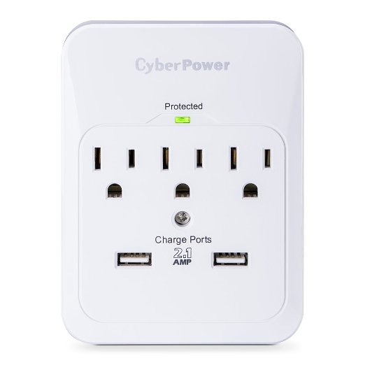CyberPower CSP300WUR1 Surge Protector 3-AC Outlet with 2 USB (2.1A) Charging Ports