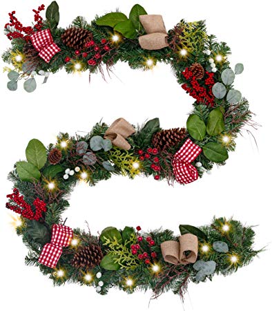 Valery Madelyn Pre-Lit 9 Feet/106 Inch Farmhouse Christmas Garland with Ball Ornaments Decorations, Berries, Pine Cones, Ribbons and Flowers, Battery Operated 40 LED Lights