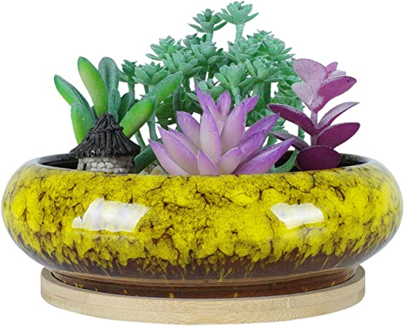 7.3 inch Round Succulent Planter Pots with Drainage Hole Bonsai Pots Garden Decorative Cactus Stand Ceramic Glazed Flower Container Yellow, with Bamboo Tray