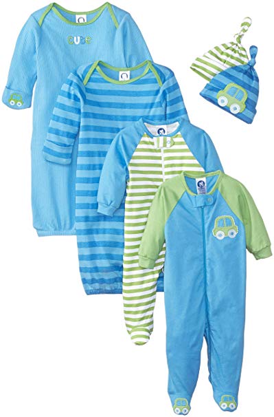 Gerber Baby Boys 6 Piece Gown, Cap (0-6M), and Sleep'n Play (0-3M) Gift Set, Car and Stripe, Newborn