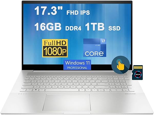 HP Envy 17 Business Laptop | 17.3" IPS Multi-Touch (300 nits) | 12th Gen Intel 12-Core i7-1260P | 16GB DDR4 1TB SSD | Backlit Thunderbolt USB-C USB4 HDMI B&O Win11Pro Silver   32GB MicroSD Card