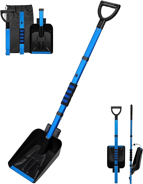 SEG Direct 43.3" Snow Shovel Collapsible, Foldable Emergency Shovel for Car Snowmobile, Winter Spade with Thickened Aluminum Handle, Compact Portable Plastic Scoop for Driveway Camping Patio, Blue