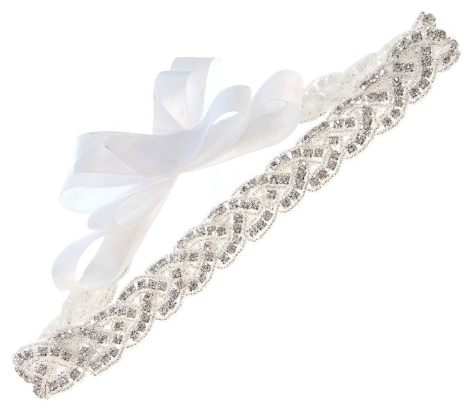 Braid Crystal Beaded Wedding Dress Sash Bridal Belt with Satin Ribbon, Off-White