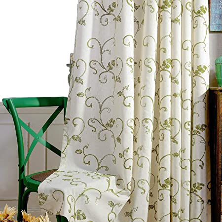 VOGOL(2 Panels Ultra Sleep Vines Embroidered Faux Linen Grommet Curtains for Living Room,Energy Efficient Window Treatment Panels,52 x 96 Inch, Grass Green