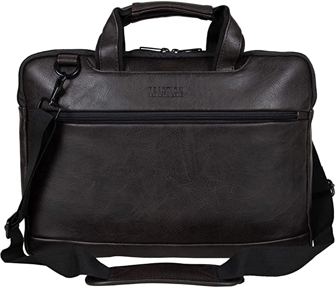 Kenneth Cole Reaction ProTec Pebbled Vegan Leather Slim 16" Laptop & Tablet Top Zip Business Briefcase Travel Bag, Brown