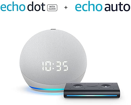 All-new Echo Dot with Clock (4th Gen)   Echo Auto | Glacier White