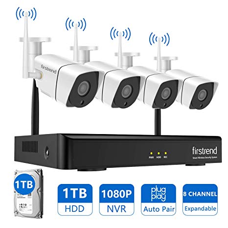 [2019 Newest]Security Camera System Wireless,Firstrend 8CH 1080P Wireless NVR Kit and Easy Remote Home Monitoring Systems with 4pcs 1MP Video Home Security Cameras 65ft Night Vision and 1TB Hard Drive