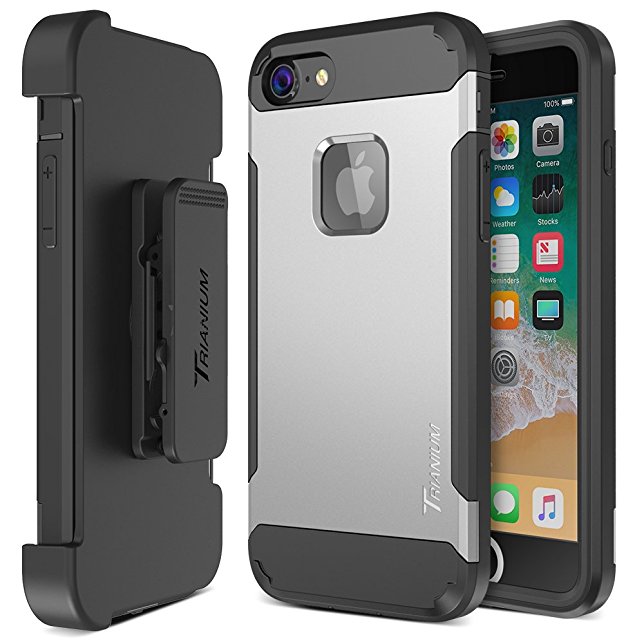 Trianium iPhone 8 Case [Duranium Series] Rugged Holster Heavy Duty Protective Cover with Built-in Screen Protector for Apple iPhone 8 Phone (2017) Belt Clip Kickstand [Full Body Protection] - Silver