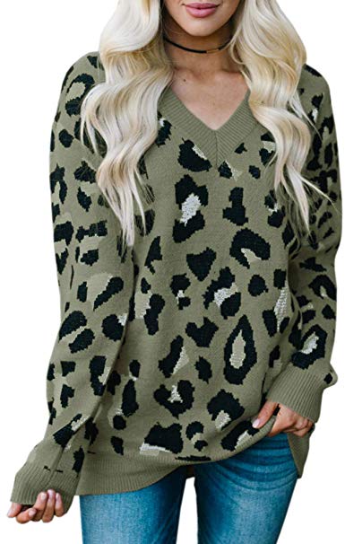 Karlywindow Womens Leopard Print Sweaters Long Sleeve V Neck Knitted Stylish Pullover