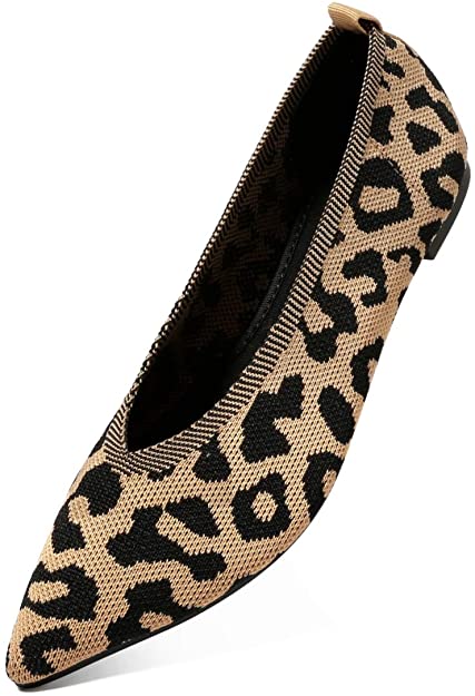 Womens Ballet Flats-Knit Texture Pointed Toe Slip-On Black Leopard Mesh Classic Casual Comfort Flexible Flat Shoes
