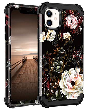 Lontect Compatible iPhone 11 Case Floral 3 in 1 Heavy Duty Hybrid Sturdy Armor High Impact Shockproof Protective Cover Case for Apple iPhone 11 6.1 2019, White Flower/Black