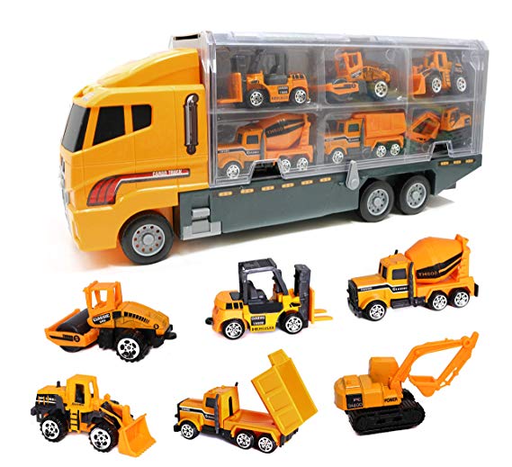 Smart Novelty Die Cast Construction Trucks Vehicles Toy Cars Play Set in Carrier Truck - 7 in 1 Transport Truck Construction Car Set for Kids Gifts