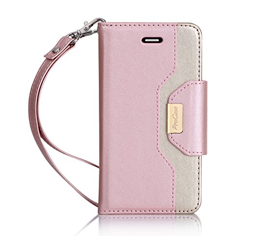 iPhone SE / 5S Case Cover, ProCase Wallet Flip Case, with Wristlet Strap, Build-in Card Slots and Mirror, Stylish Slim Stand Cover for Apple iPhone SE / 5S (Pink)