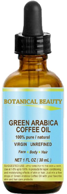GREEN ARABICA COFFEE OIL Brazilian. 1 Fl.oz- 30 ml. 100% Pure / Premium Quality. For Skin, Hair, Lip and Nail Care. Wrinkle Reducer, Skin Lift /Tone, Anti- Puffiness / Dark Circles, Anti Cellulite.
