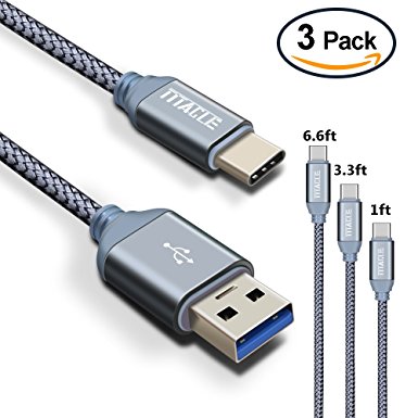 USB Type C Cable, USB C to USB 3.0 Cable, TITACUTE 3 Pack [1ft 3.3ft 6.6ft] USB C Cable High Speed Charge Cable Durable USB Cable Nylon Braided Cords for BLU R1 HD LG G6 OnePlus 3T Nexus 5X 6P Grey