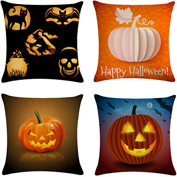 XIECCX Halloween Pillow Covers Pumpkin Theme Linen-Cotton Throw Pillow Case Thanksgiving Home Decorations for Cushion Sofa Party Set of 4,18×18