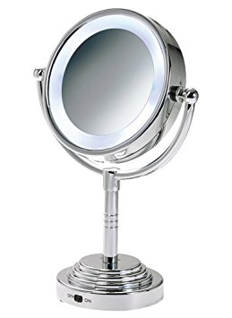 Ovente MLT28C LED Battery-Operated Tabletop Vanity Mirror, 1X/5X Magnification, Chrome Plated