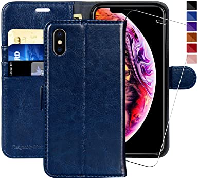 MONASAY iPhone X Wallet Case/iPhone Xs Wallet Case,5.8-inch, [Glass Screen Protector Included] Flip Folio Leather Cell Phone Cover with Credit Card Holder for Apple iPhone X/XS