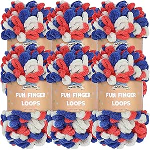 JubileeYarn Fun Finger Loops Yarn - Jumbo Polyester - 100g/Skein - Red White Blue - 6 Skeins