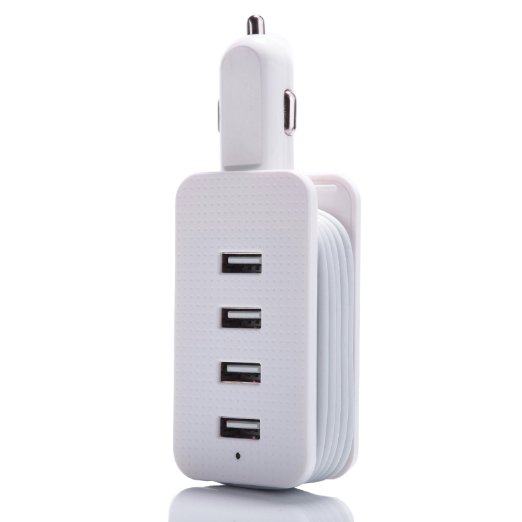 Car USB Charger, 4 Ports USB Strip 4.2A Travel Car Charger Station Smart Identification Technology 1M/3ft Cord For iPone 7 6s Plus iPhone 5s iPad Pro Samsung Galaxy Note 7 S7 on Road Trip (White)