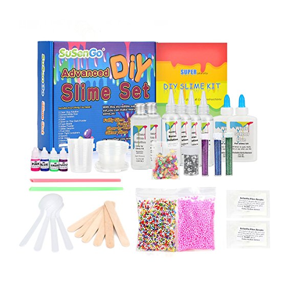 SuSenGo Slime Kit Supplies Stuff, with Glow in the Dark, Containers, Activators, Glue, Foam Beads, Glitter Powders and Extras. Slime Making Kit for Girls Boys Kids, Recipes Included.