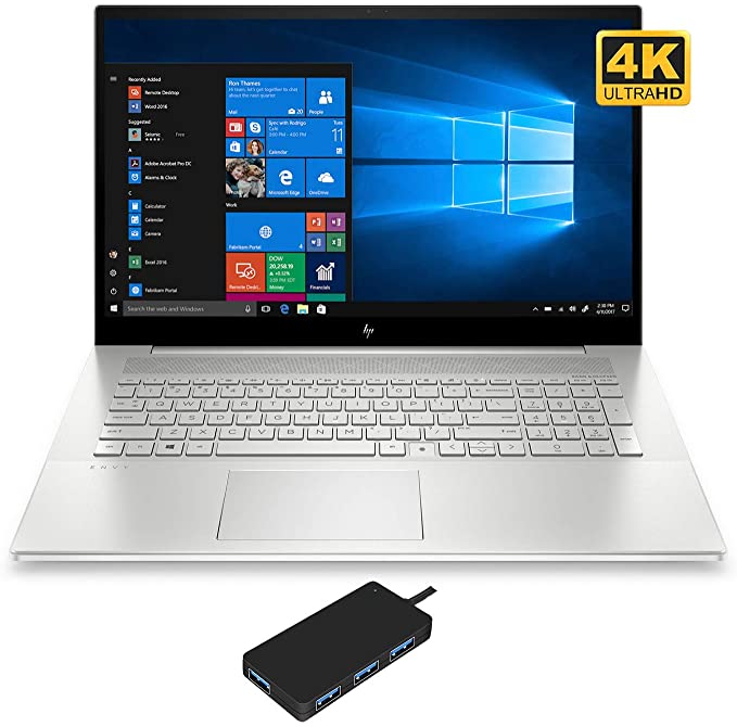 HP Envy 17t-cg000 10th Gen Home and Business Laptop (Intel i7-1065G7 4-Core, 32GB RAM, 2TB SSD, 17.3" 4K UHD (3840x2160), NVIDIA MX330, Fingerprint, WiFi, Bluetooth, Webcam, Win 10 Pro) with USB Hub