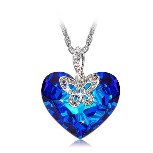 J.NINA "Butterfly Love" Made with Swarovski Crystals Bermuda Blue Heart Rotatable Butterfly Women Jewelry Necklace