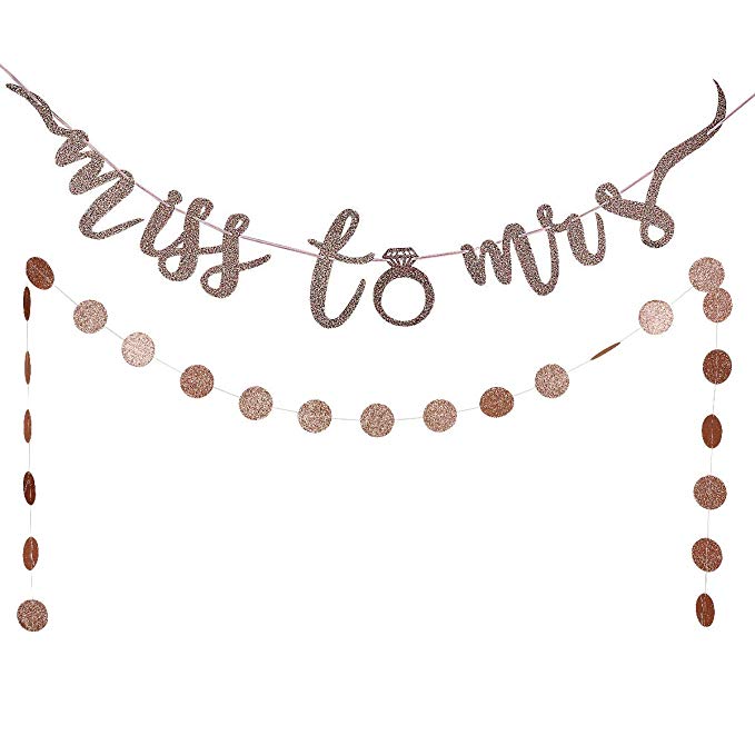 Rose Gold Glittery Miss to Mrs Banner and Rose Gold Glittery Circle Dots Garland(25pcs Circle Dots) -Bachelorette Wedding Engagement Party Decorations