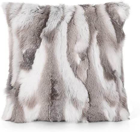 Fennco Styles Lucky Collection Rustic Handcrafted Ultra Soft Rabbit Fur 16 x 16 Inch Throw Pillow with Case & Insert – Grey Accent Pillow for Winter Season on Couch, Bedroom and Living Room Décor
