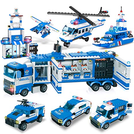 WishaLife 1115pcs City Police, City Station Building Sets, 8 in 1 Mobile Command Center Building Bricks Toy with Cop Car & Patrol Vehicles for Kids Gift with Storage Box(Not Contain Minifigures)