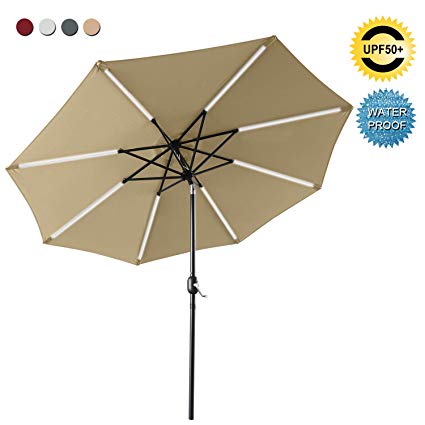 ABCCANOPY Patio Umbrella Solar Powered Outdoor Umbrella, 9 FT Market Umbrella 8 Ribs with Solar LED Light Bars, Push-Button Tilt and Crank