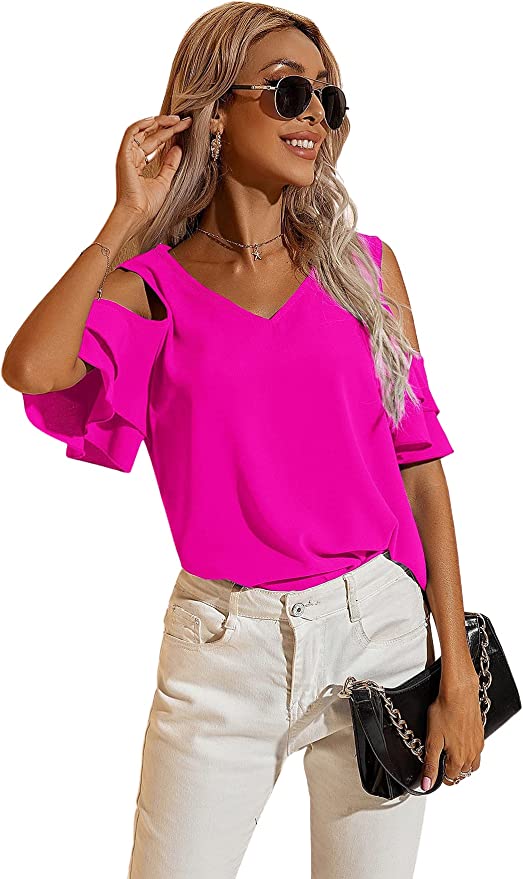 Milumia Women's Casual Cold Shoulder V Neck Flounce Short Sleeve Solid Work Blouse Tops