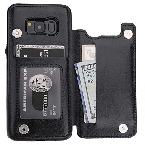 S8 Case Wallet with Card Holder, Vaburs Premium PU Leather Double Magnetic Buttons Flip Shockproof Protective Cover for Samsung Galaxy S8(Black)