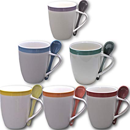 Ceramic Coffee Mugs with Spoons - Set Of 6 Cups and 6 Spoons - 10 Ounce - Assorted Vibrant Colors For Style In Your Home Or Commercial Kitchen - Dishwasher & Microwave Safe - By Chefcoo