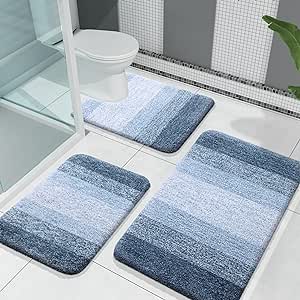 OLANLY Bathroom Rugs Sets 3 Piece, Soft Absorbent Microfiber Bath Rugs and U-Shaped Contour Toilet Rug Area Rug Set, Non-Slip Bath Carpet, Home Decor Accessories, Bath Mat Set for Bathroom, Dark Blue