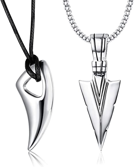 Jstyle 2Pcs Stainless Steel Pendant Necklace for Mens Spearpoint Arrowhead Wolf Teeth Pendant Chain Necklace Set