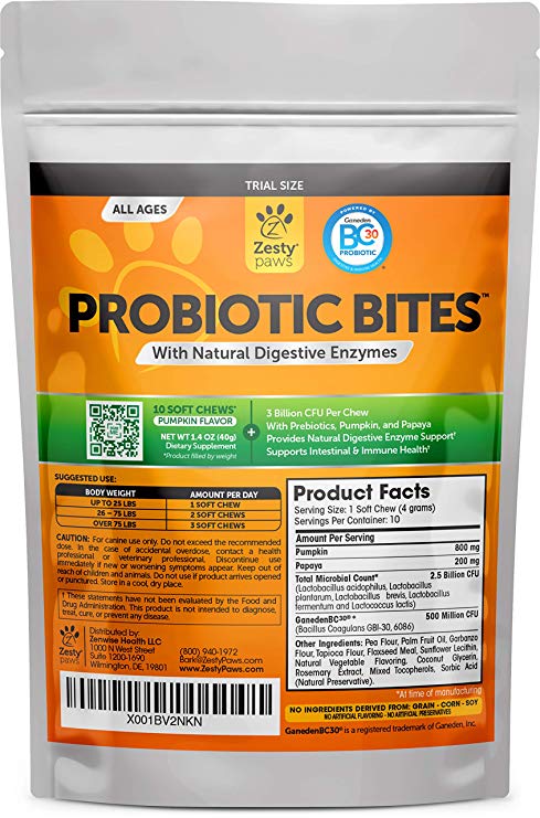 Zesty Paws Probiotic for Dogs - with Natural Digestive Enzymes   Prebiotics & Pumpkin - for Diarrhea & Upset Stomach Relief   Gas & Constipation - Allergy & Immune   Hot Spots & Bad Breath Aid