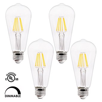 Supmart ST64 LED Vintage Light bulb UL Listed 6W Filament Edison Bulb Antique Clear Glass Warm White 2700K Dimmable E26 Base Lamp 60W Incandescent Equivalent pack of 4