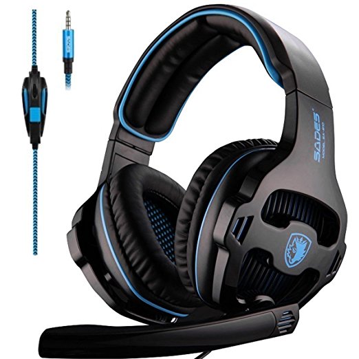 Sades SA810 Over-Ear Stereo Bass Gaming Headset with Noise Isolation Microphone for Xbox One PC PS4 Laptop Phone(Black Blue)