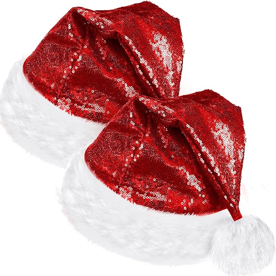 SATINIOR 2 Pcs Santa Hat, Unisex Fabric Christmas Hat Santa Claus Cap Xmas Hat with Comfort Lining and Plush Brim for Adult