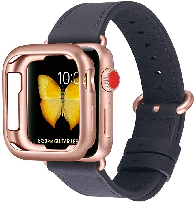 PEAK ZHANG Compatible with Apple Watch Band with Case, 38mm 40mm 42mm 44mm Women Men Top Grain Leather Strap for iWatch Series 4,3,2,1 (Black Series 4/3 Rose Gold Clasp, 38mm 40mm S/M)