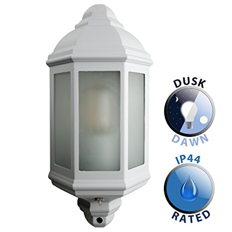 Traditional White Aluminium And Frosted Glass Panel Outdoor Garden Porch Wall Mounted Lantern IP44 Light With A Dawn To Dusk Sensor