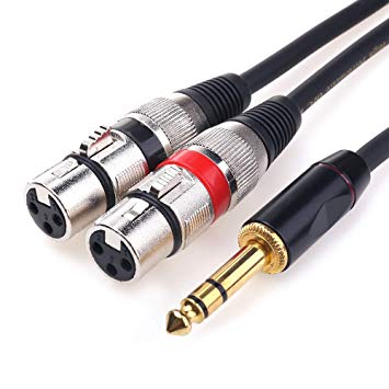 TISINO Dual XLR Female to 1/4 inch TRS Stereo Male Y-Adapter Patch Cable Unbalanced Double XLR to Headphone Jack 6.35mm Breakout Cable - 10 FT/3m