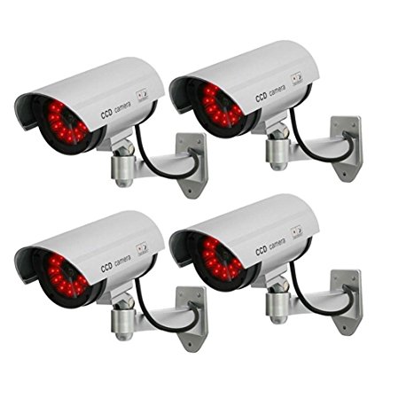 Masione 4 Pack Indoors Outdoors Fake Dummy CCTV Security Camera with 30 Illuminating Infra Red Night Vision LEDs Surveillance (Silver)