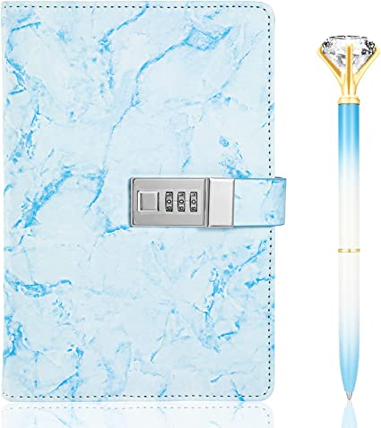 Diary with Lock Marble PU Leather A5 Journal Combination Lock Secret Personal with Diamond Pen for Girls Women Boys(Blue)