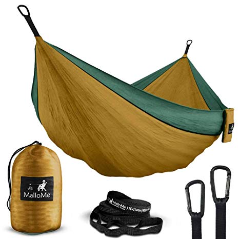 MalloMe Double & Single Portable Camping Hammock - Parachute Lightweight Nylon with Hammok Tree Straps Set- 2 Person Equipment Kids Accessories Max 1000 lbs Breaking Capacity - Free 2 Carabiners