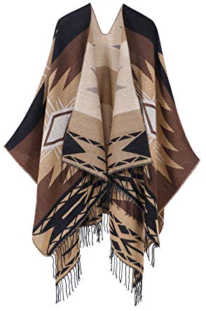 EPGM Women's Lovely Draped Fringed Open Front Abstract Pattern Cardigans Poncho Wrap