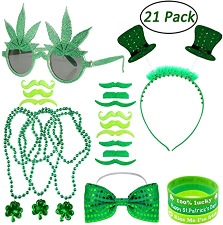 21 Pieces St. Patrick's Day Shamrock Clover Headbands Green Bead Necklace Sunglasses Self Adhesive Mustache Bow Tie for Holiday Festival Decoration