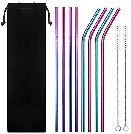 Stainless Steel Straws Metal Straws, Rainbow Multi-Colored Straws, Reusable Metal Drinking Straws for 30/20 Ounce Tumblers Mugs Cups Rumblers Cold Beverage (4 Straight | 4 Bent | 2 Brush)